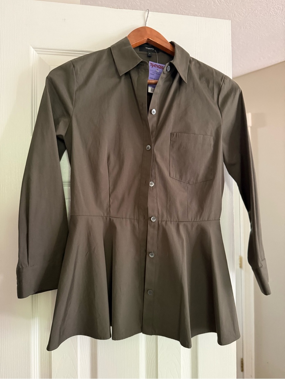 NWT! Theory Olive Green Button-Down Peplum Shirt